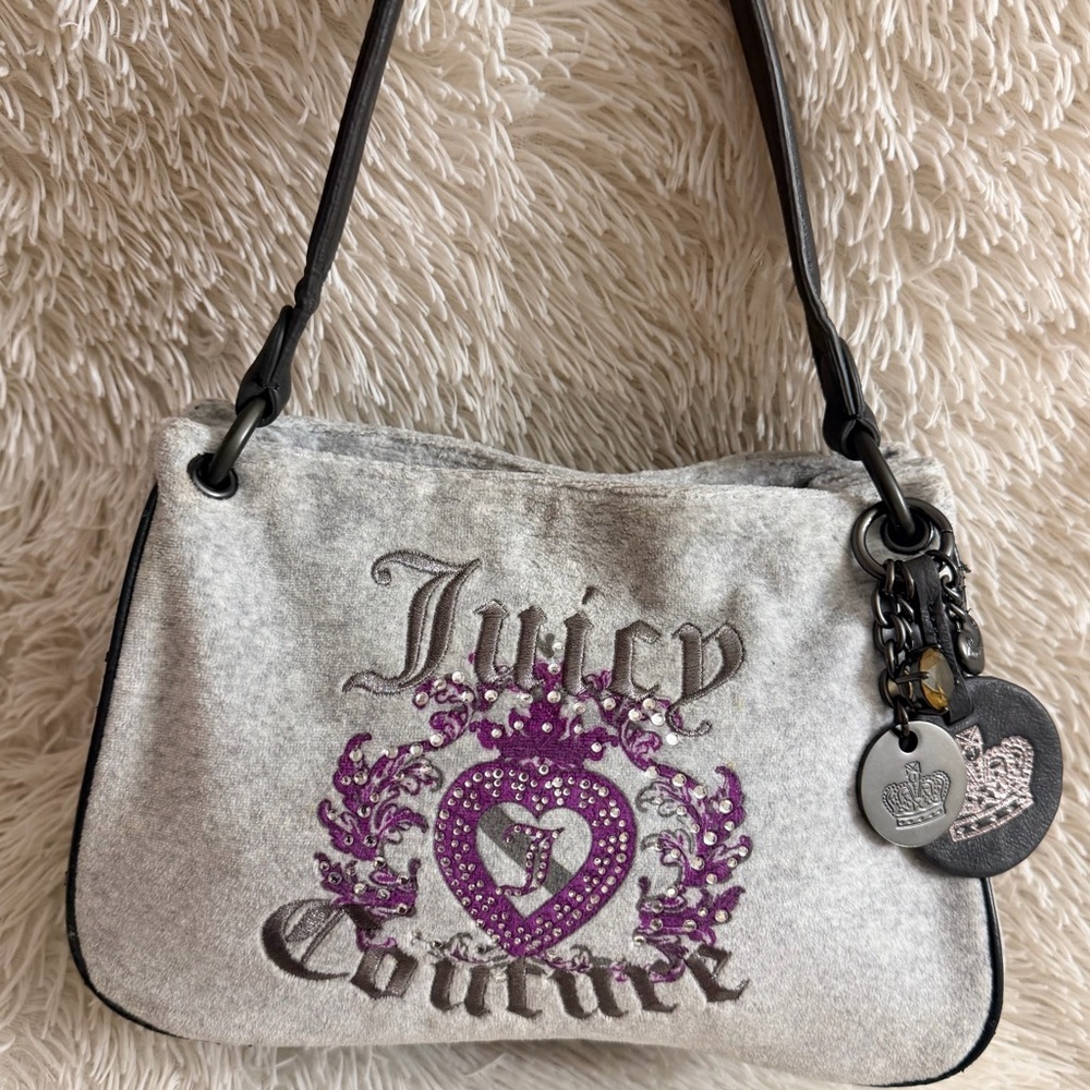 Juicy Couture 2012 Gray & Purple Velour Shoulder Bag – NWOT – Rhinestone Charms